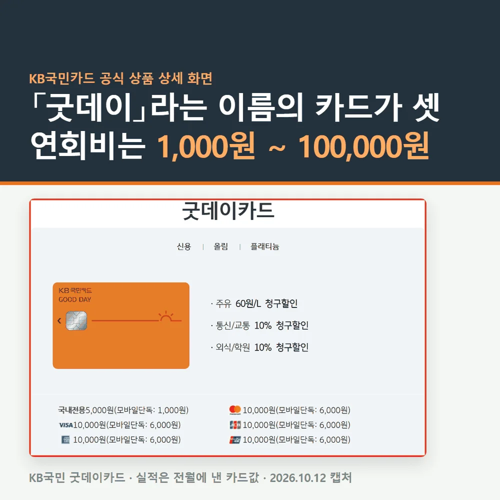 KB국민 굿데이카드 상품 상세의 세 가지 카드 탭과 브랜드별 연회비 화면