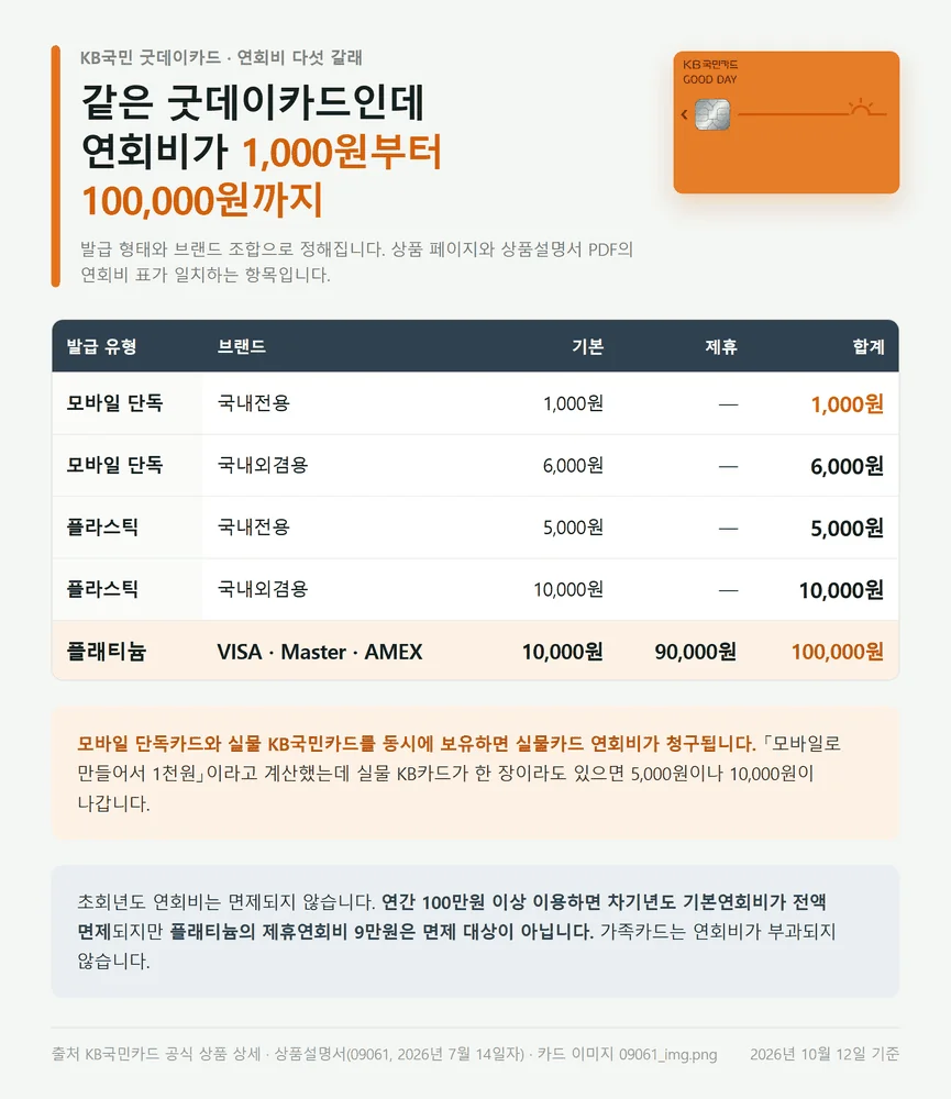 KB국민 굿데이카드 발급 형태별 연회비 다섯 갈래를 정리한 표와 카드 플레이트