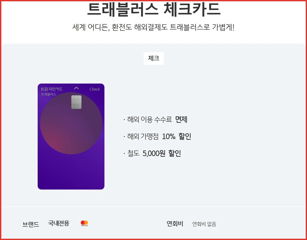 KB 트래블러스 체크카드 상품안내 화면의 연회비 없음과 해외 수수료 면제 표기