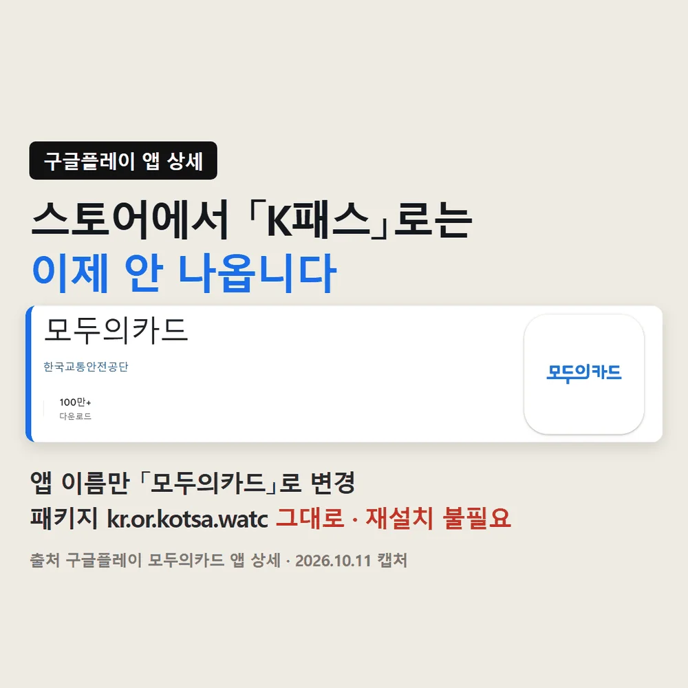 스토어에서 K패스 어플로는 검색되지 않는 모두의카드 앱 구글플레이 상세 화면