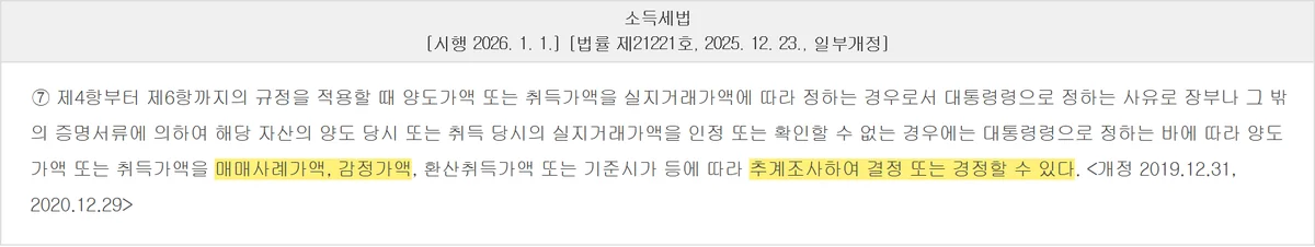 토지 실거래가를 확인할 수 없을 때의 추계 순서를 정한 소득세법 제114조 제7항