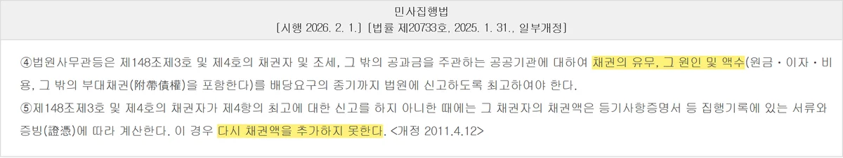 임차권등기 효력만 믿고 채권신고를 빠뜨리면 추가하지 못한다는 민사집행법 제84조