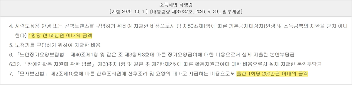 의료비 세액공제 대상 중 안경 50만원과 산후조리원 200만원의 한도 단위 차이