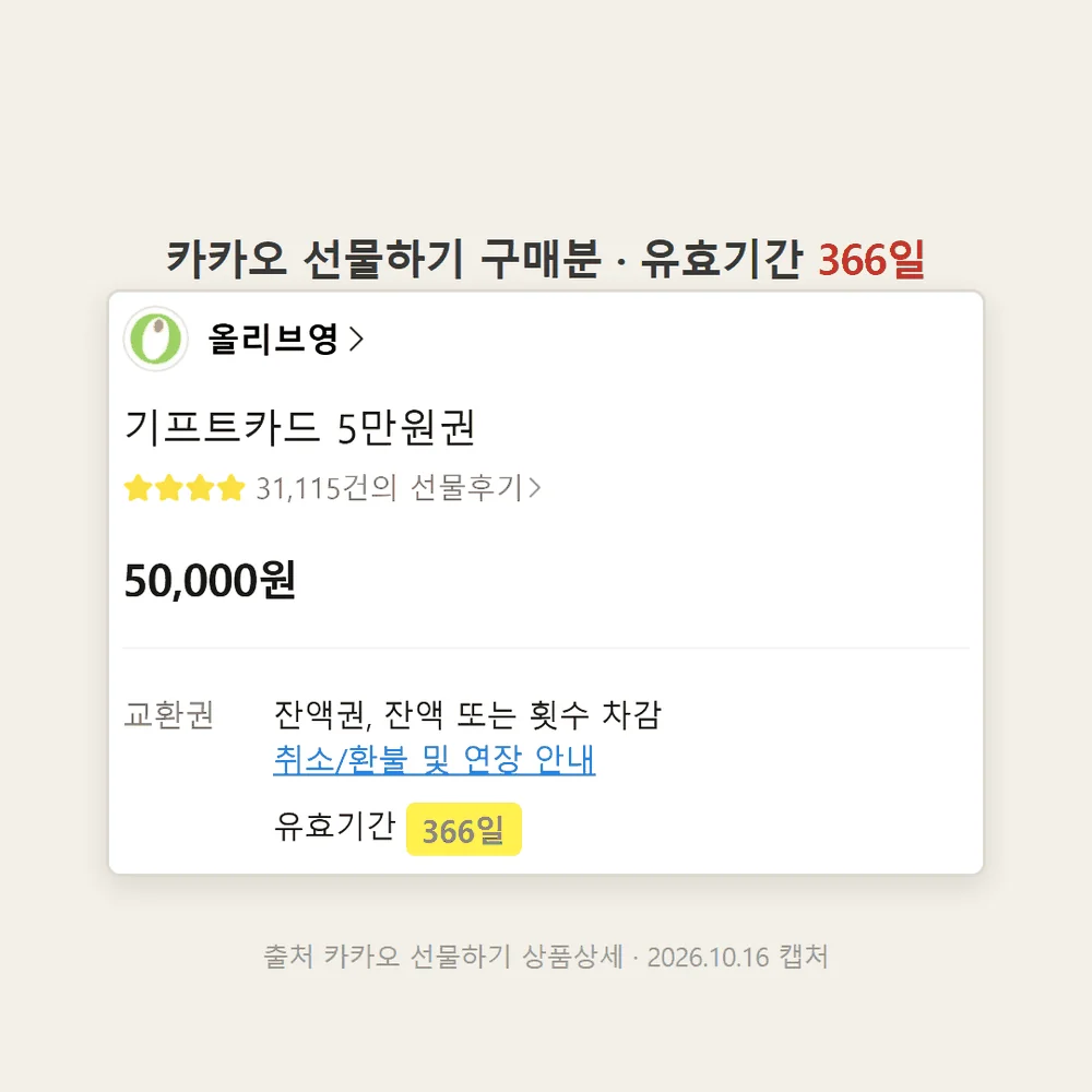 올리브영 모바일상품권 기프트카드를 카카오 선물하기에서 산 경우 유효기간 366일 표기 화면