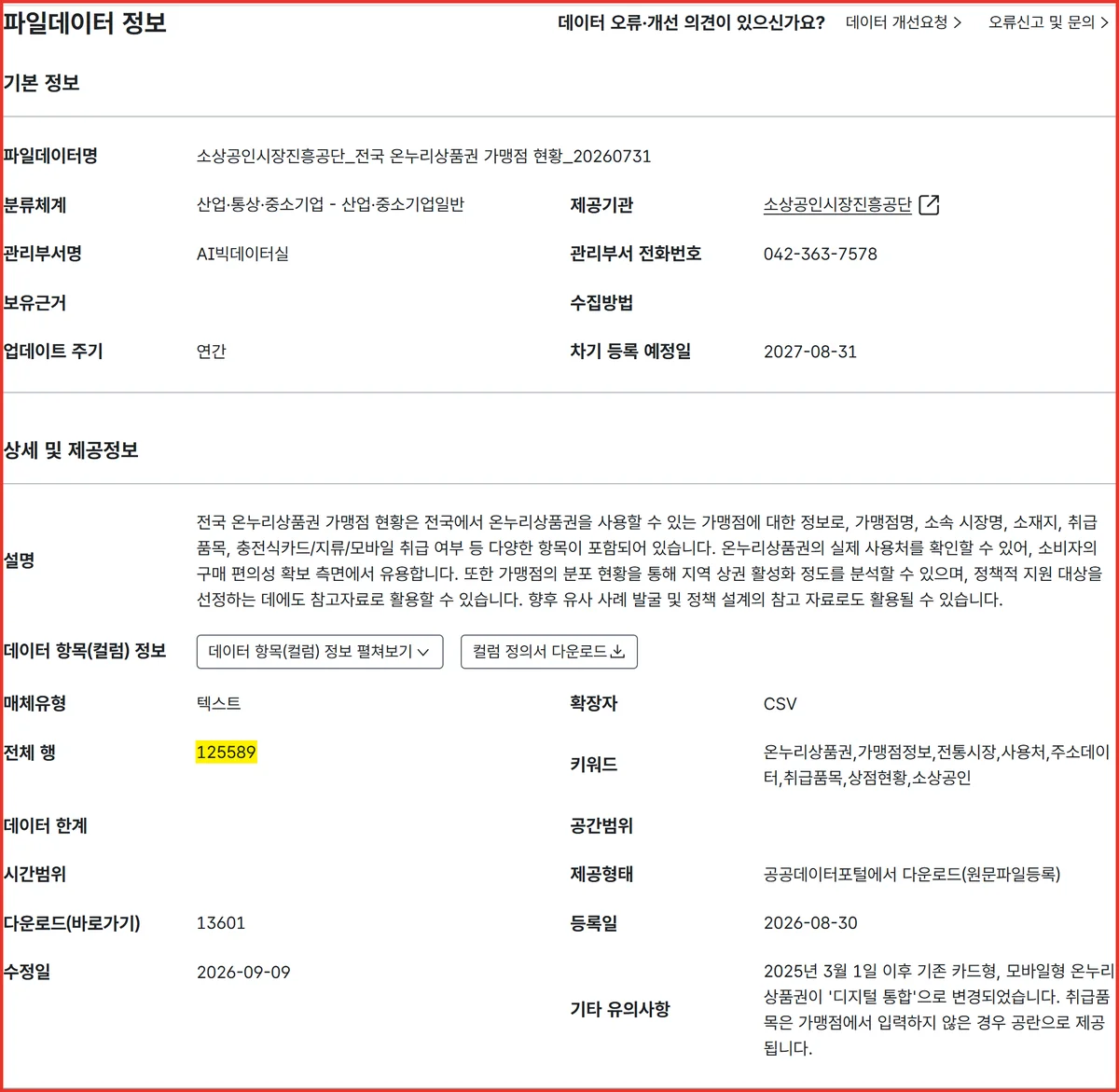 온누리상품권 환불 가맹점 125589곳이 적힌 공공데이터포털 데이터셋 화면