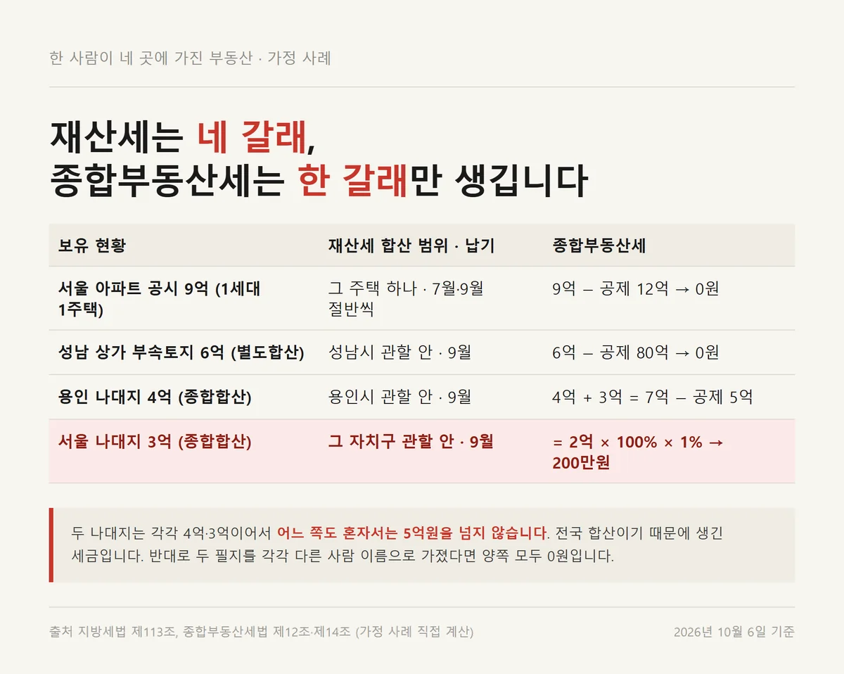 네 곳에 흩어진 부동산을 보유세 합산 기준대로 재산세와 종합부동산세로 나눈 사례표