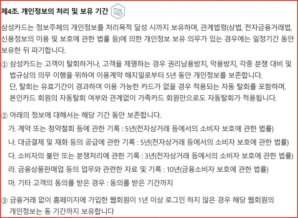 삼성카드 탈회 시 이용계약 해지일로부터 5년 보존을 명시한 개인정보 처리방침 화면