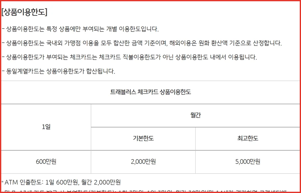 트래블러스 체크카드 한도 설명 네 가지와 월간 최고 5000만원이 적힌 공식 상품이용한도 표