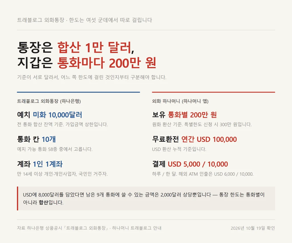 트래블로그 외화통장 합산 1만 달러와 외화 하나머니 통화별 200만원 한도 비교
